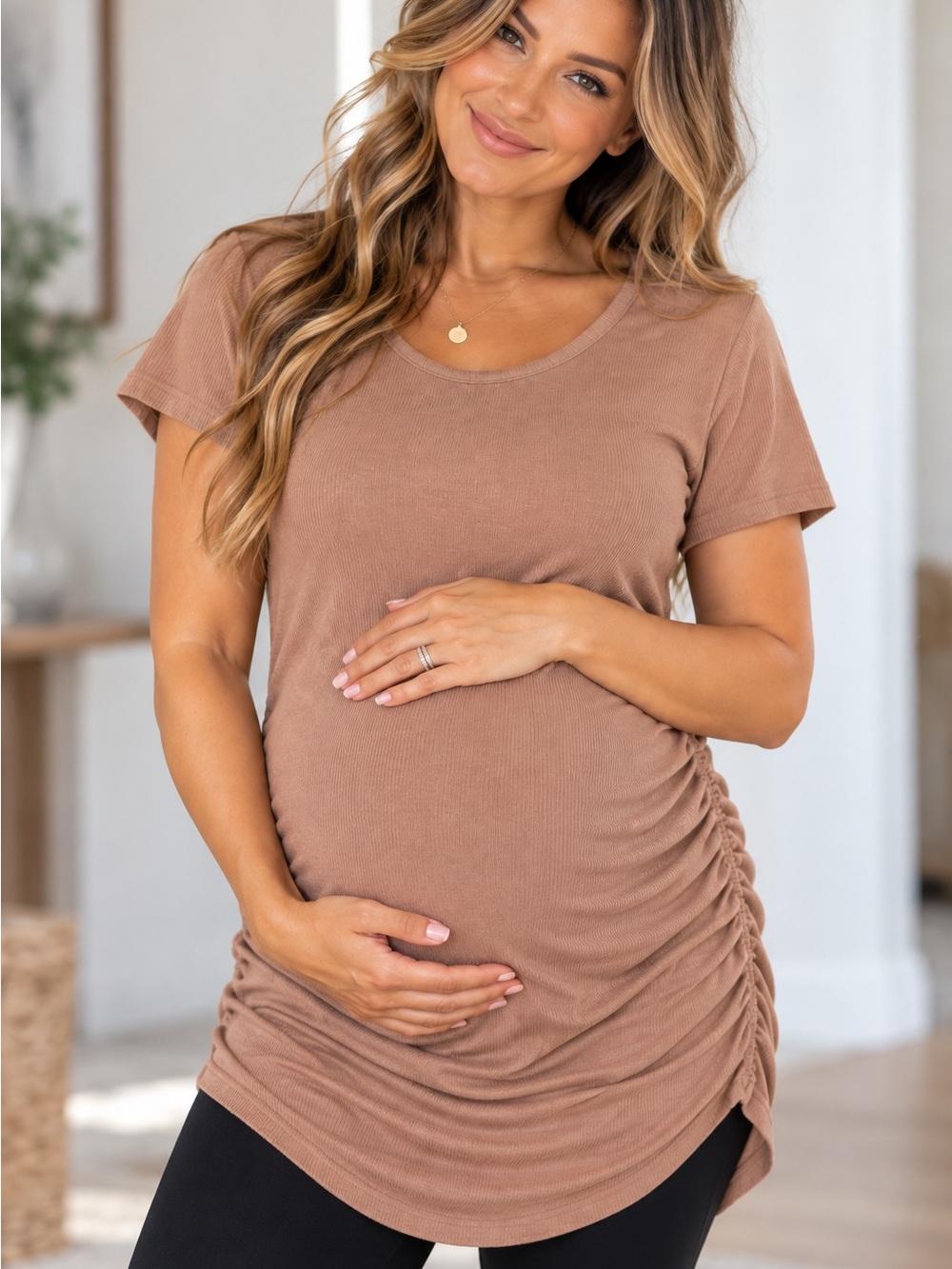 Ruched Short-Sleeve Maternity Tee in Cocoa